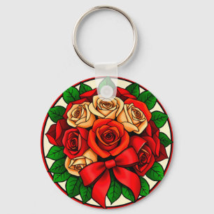 Elegant Bouquet of Red and White Roses Keychain