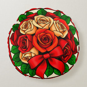 Elegant Bouquet of Red and White Roses Round Pillow