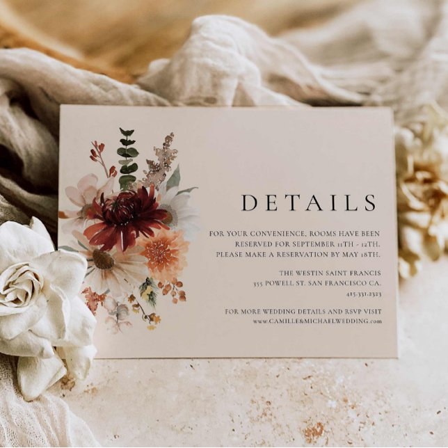 Elegant Bourgogne Floral Mariage Détails Carte (Fall Wildflower Wedding Details Card)