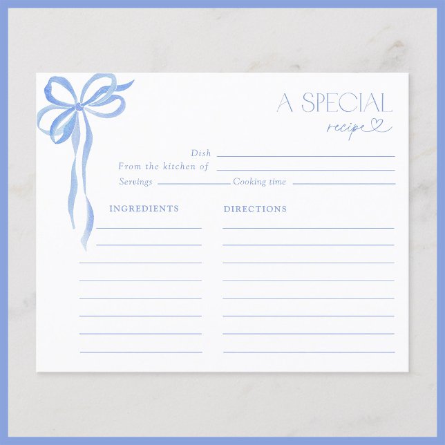 Elegant Bow Blue Watercolor Bridal Shower Recipe (Creator Uploaded)