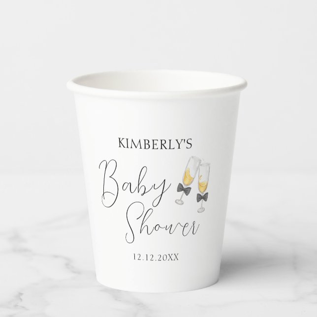 Elegant Bow Champagne Stripe Sip & See Baby Shower Paper Cups (Front)