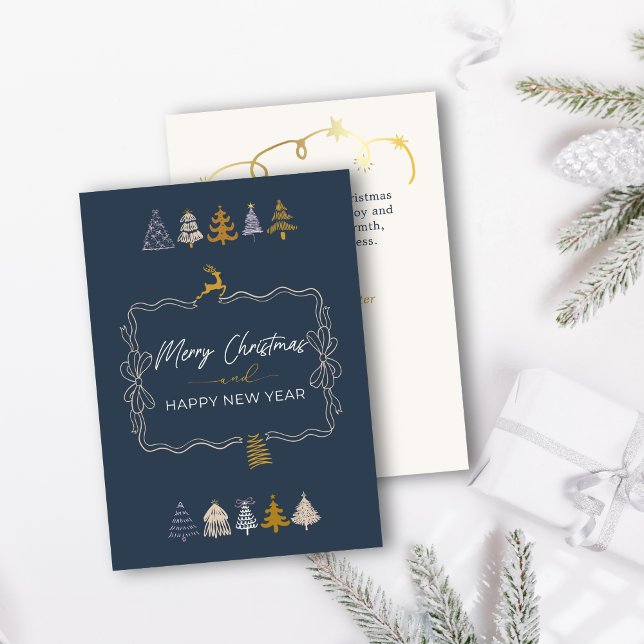 Elegant Bow & Chic Trees Doodle Blue Holiday Card (Elegant Bow & Chic Trees Doodle Blue Holiday Card)