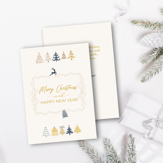 Elegant Bow & Chic Trees Doodle Cream Holiday Card (Elegant Bow & Chic Trees Doodle Cream Holiday Card)
