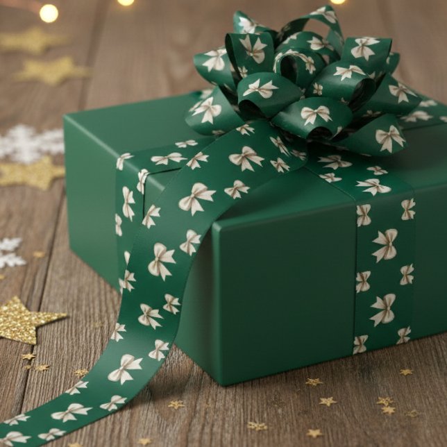 Elegant  Bow Emerald Green and White Pattern Holid Satin Ribbon (Creator Uploaded)