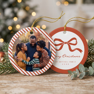 Elegant Bow Family Photo Christmas Ceramic Ornament