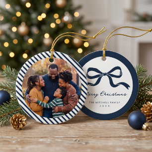 Elegant Bow Family Photo Christmas - Navy Ceramic Ornament