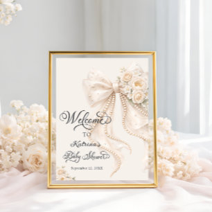 Elegant Bow Floral Girl Baby Shower Welcome Poster