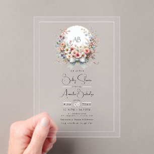 Elegant Bow Floral Monogram Baby Shower Acrylic Invitations