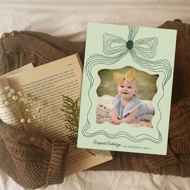 Elegant Bow Holiday Photo Card Green Christmas (Creator Uploaded)