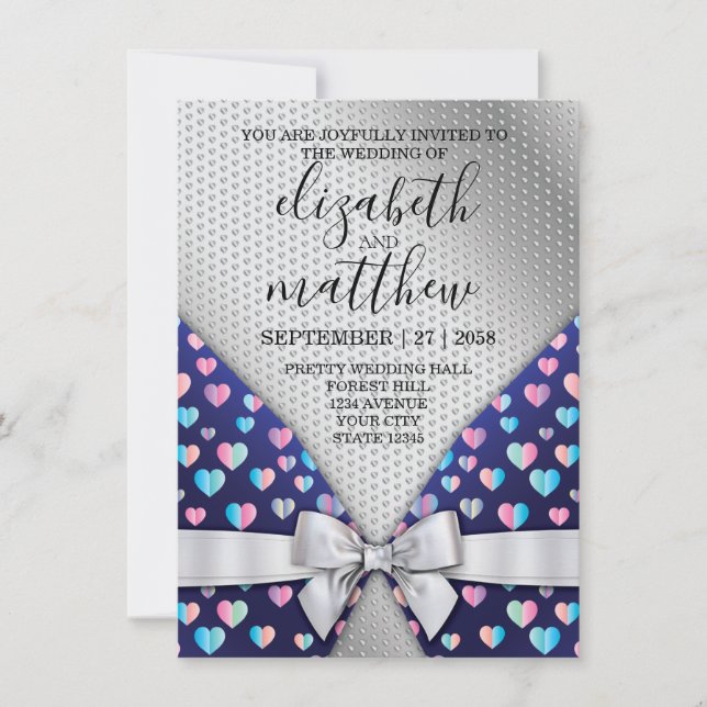 Élégant Bow Invitation Argent et Speckles Coeurs (Devant)