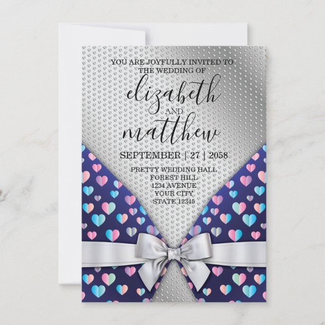 Élégant Bow Invitation Argent et Speckles Coeurs (Devant)