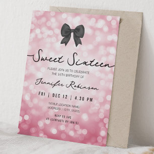 Elegant Bow & Lights Sweet Sixteen Hot Pink  Invitation