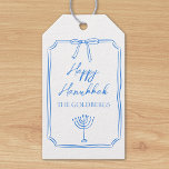 Elegant Bow Menorah Custom Name Happy Hanukkah  Gift Tags<br><div class="desc">Celebrate the Festival of Lights with these elegant, customizable Hanukkah gift tags! Featuring a classic blue border with a delicate bow and a menorah illustration, this design is perfect for adding a special touch to your Hanukkah gatherings. The text "Happy Hanukkah" is beautifully displayed above your family name, making these...</div>