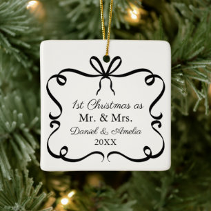 Elegant Bow Photo Keepsake 1st Christmas Mr & Mrs Ceramic Ornament