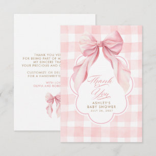 Elegant Bow Pink Gingham Cute Thank You Card