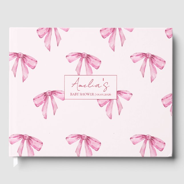 Elegant Bow Pink Girl Baby Shower Guest Book (Front)