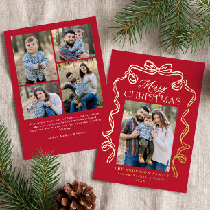 Elegant Bow Red Merry Christmas 5 Photo Foil Holiday Card