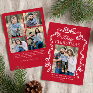 Elegant Bow Red Merry Christmas 5 Photo Holiday Card