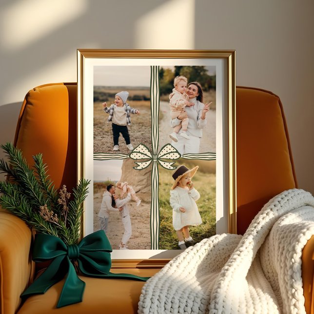 Elegant Bow & Ribbon Present Family Photo Collage Poster (Elegant Green Bow & Ribbon Present Family Photo Collage Poster)