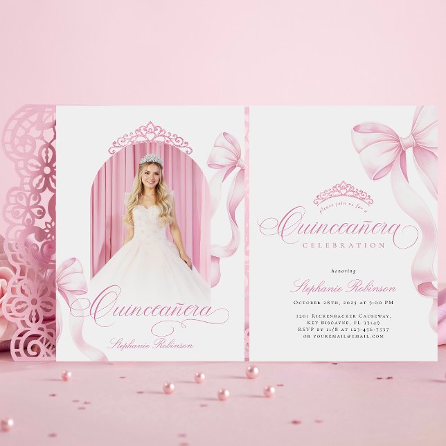 Elégant Bow rose Photo Quinceañera Invitation (Créateur téléchargé)
