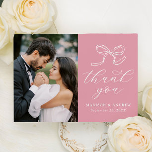 Elegant Bow Rose Pink Photo Wedding Thank You Card