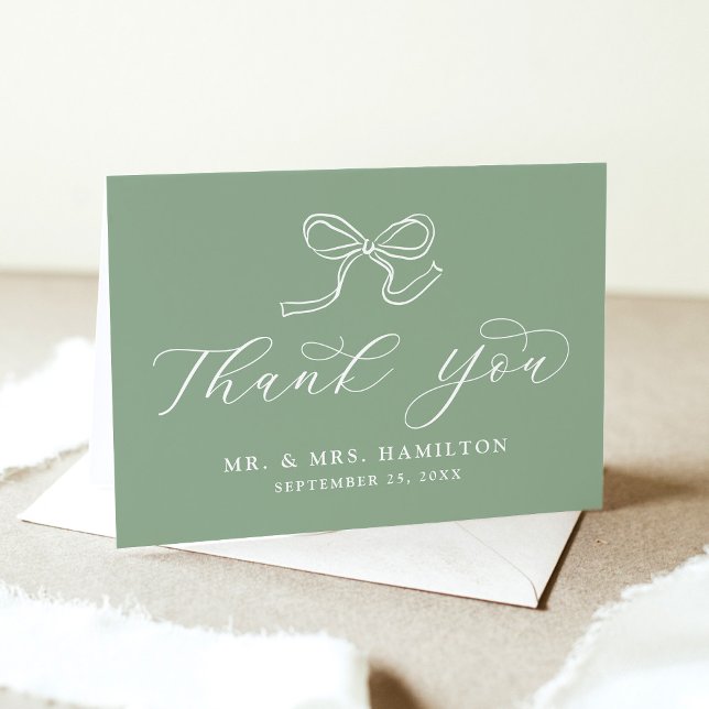 Elegant Bow Sage Green Wedding Thank You Card (Creator Uploaded)