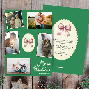 Elegant Bow Sea Green Christmas Photo Collage  Holiday Card