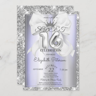 Elegant Bow,Tiara,Violet Silver Glitter Sweet 16  Invitation