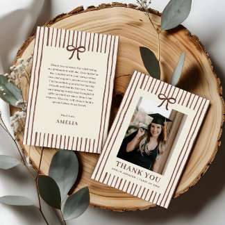 Elegant Bow Vintage Striped Photo Graduation Thank You Card