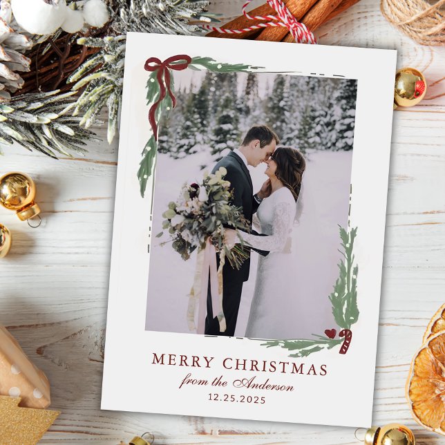 Elegant Bow with Greenery Photo Christmas Holiday Card (Creator Uploaded)