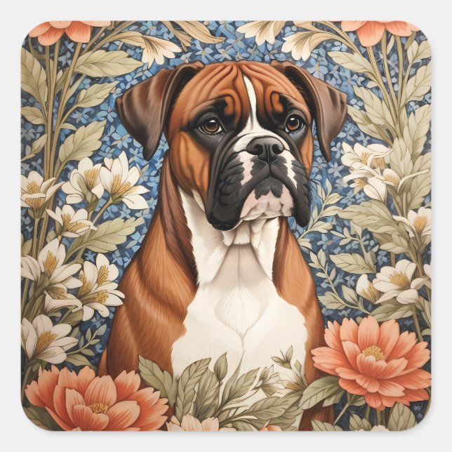Elegant Boxer Dog William Morris Inspired  Square Sticker (Front)
