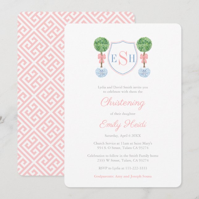 Elegant Boxwood Monogram Girl Christening Party Invitation (Front/Back)