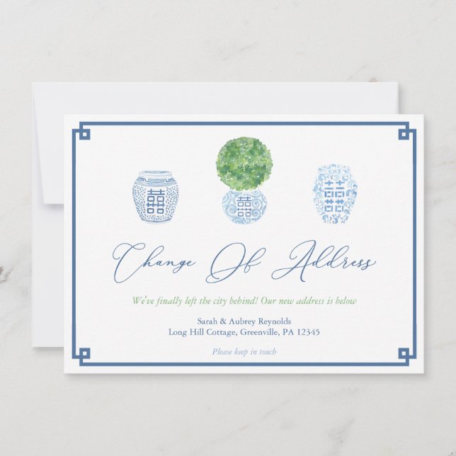 Elegant Boxwood Topiary Ginger Jar New Address Announcement (Front)