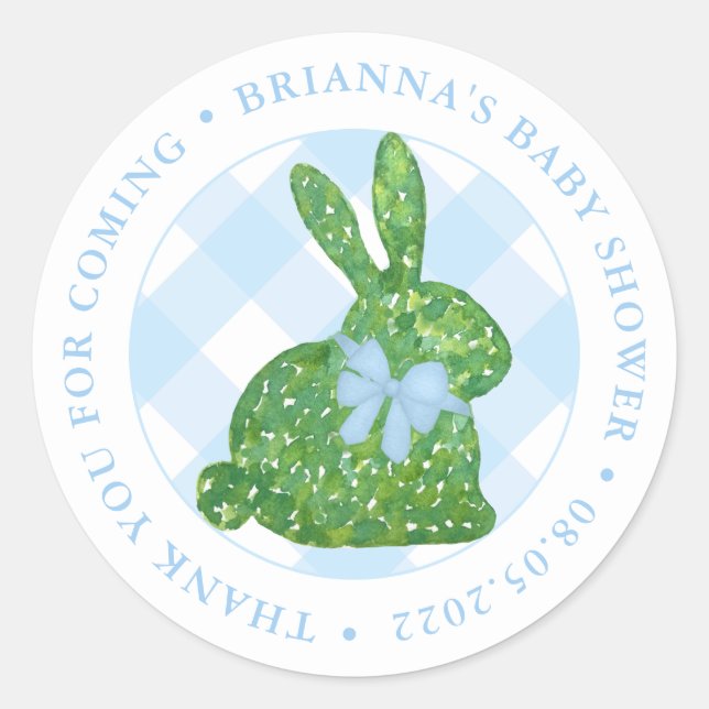 Elegant Boxwood Topiary Rabbit Blue Bow Favour  Classic Round Sticker (Front)