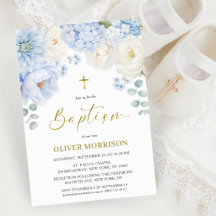 Elegant Boy Baptism Gold Cross Dusty Blue Floral 