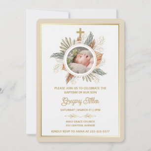 Elegant Boy Baptism Greenery Cross Photo Invitation
