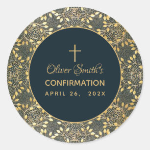 Elegant Boy Confirmation Vintage Gold Leaves Blue Classic Round Sticker