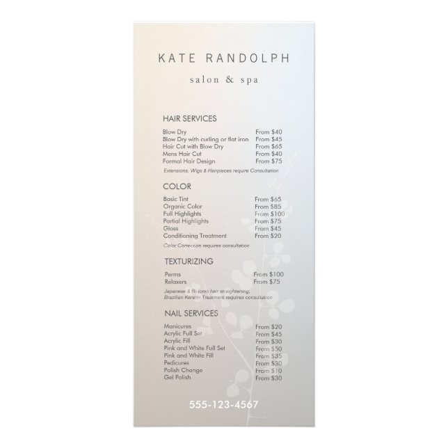 Elegant Branch Salon Price List Service Menu (Front)