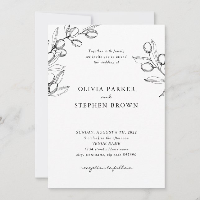 Elegant branches olive. Simple black white Wedding Invitation (Front)