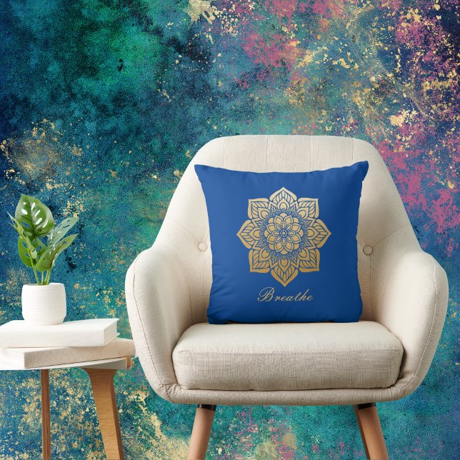 Elegant Breathe Deep Royal Blue and Gold Mandala Throw Pillow (Creator Uploaded)