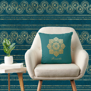 Elegant Breathe Green and Gold Mandala Throw Pillow