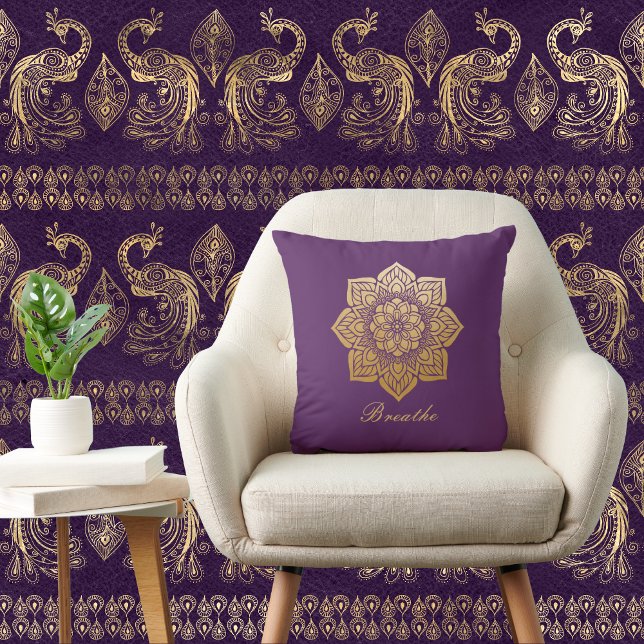 Elegant Breathe Purple and Gold Mandala Throw Pillow (Creator Uploaded)