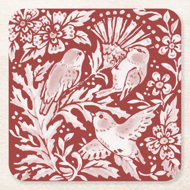 Elegant Brick Red Woodland Birds on Thistle Flower Square Paper Coaster (Front)