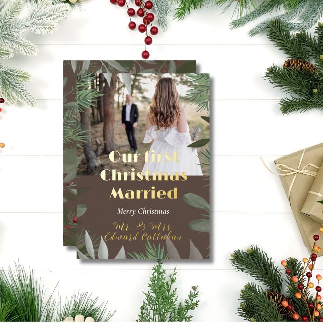 Elegant Bridal Photo Brown 1st Christmas Married  Foil Holiday Card (Creator Uploaded)
