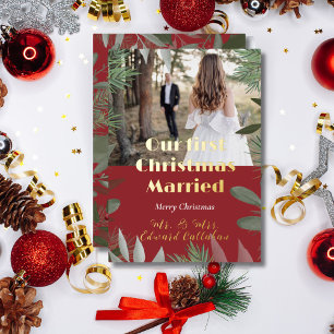 Elegant Bridal Photo Red 1st Christmas Married  Foil Holiday Card