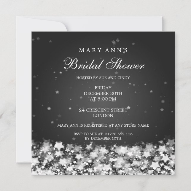 Elegant Bridal Shower Dazzling Stars Black Invitation (Front)