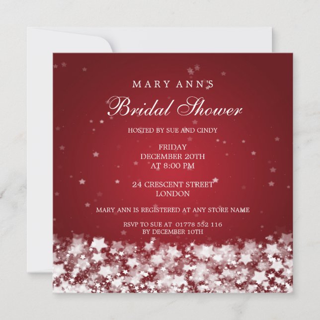 Elegant Bridal Shower Dazzling Stars Red Invitation (Front)