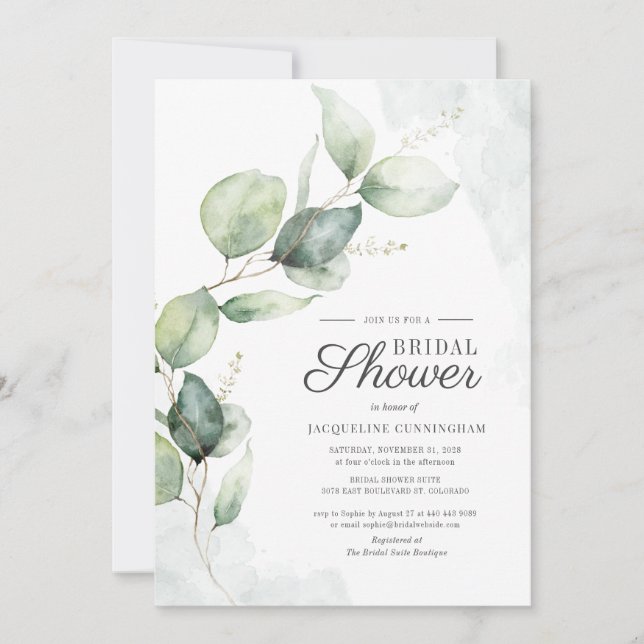 Elegant Bridal Shower Eucalyptus Script Floral Invitation (Front)