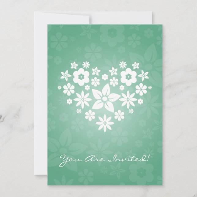 Elegant Bridal Shower Flowery Heart Mint Green Invitation (Front)
