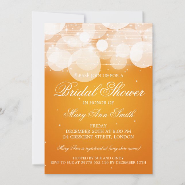 Elegant Bridal Shower Glow & Sparkle Orange Invitation (Front)